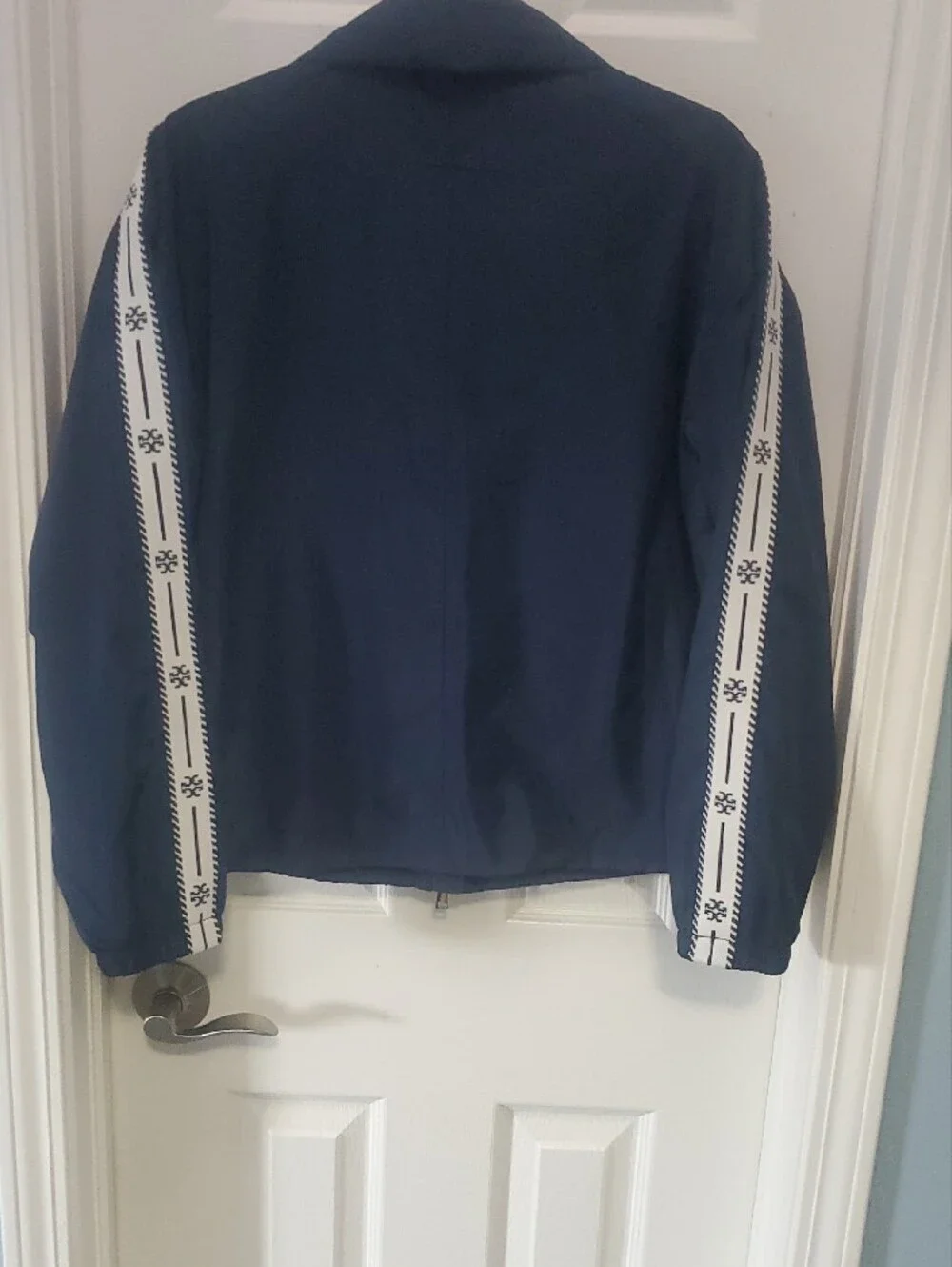 Tory Burch Navy Nylon Hooded Jacket with White Logo-Pattern Sleeve Tape